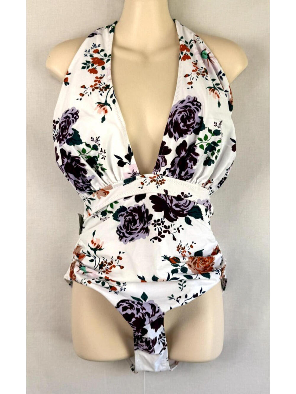 CUPSHE White Floral One Piece Swimsuit Halter Plunge Lined Womens Size L NWT